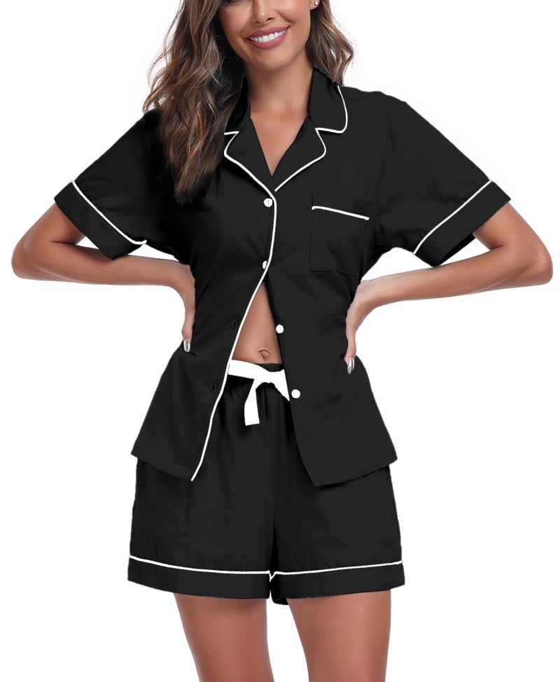 COLORFULLEAF Womens 100% Cotton Pajamas Set Short Sleeve Sleepwear Button Down Pjs Soft 2 Piece Lounge Set with Pockets S-XXL(Black, X-Large) - Image 1